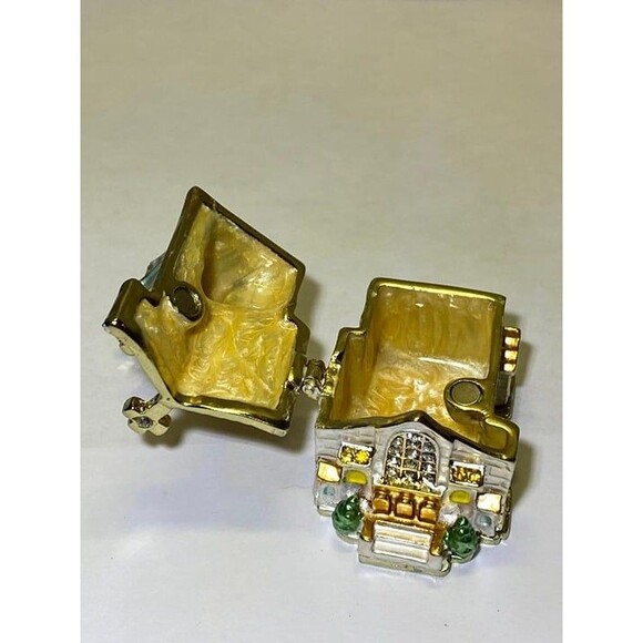 Church Trinket Box, Hinged Collectible, Frosted White Enamel Gold Tone, Crystals - Picture 6 of 6